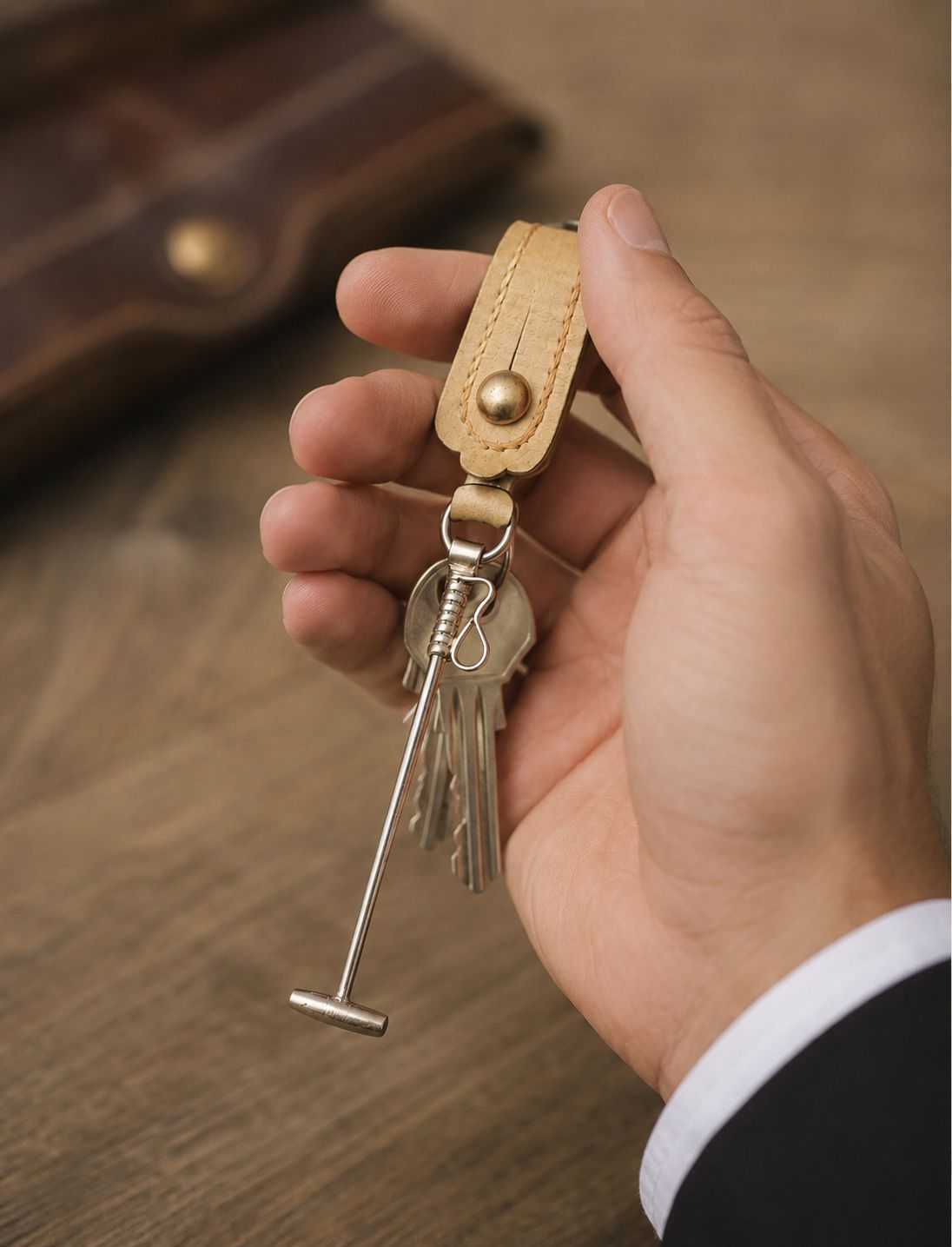 Man holding handmade Argentine polo keychain with keys and rawhide leather strap.