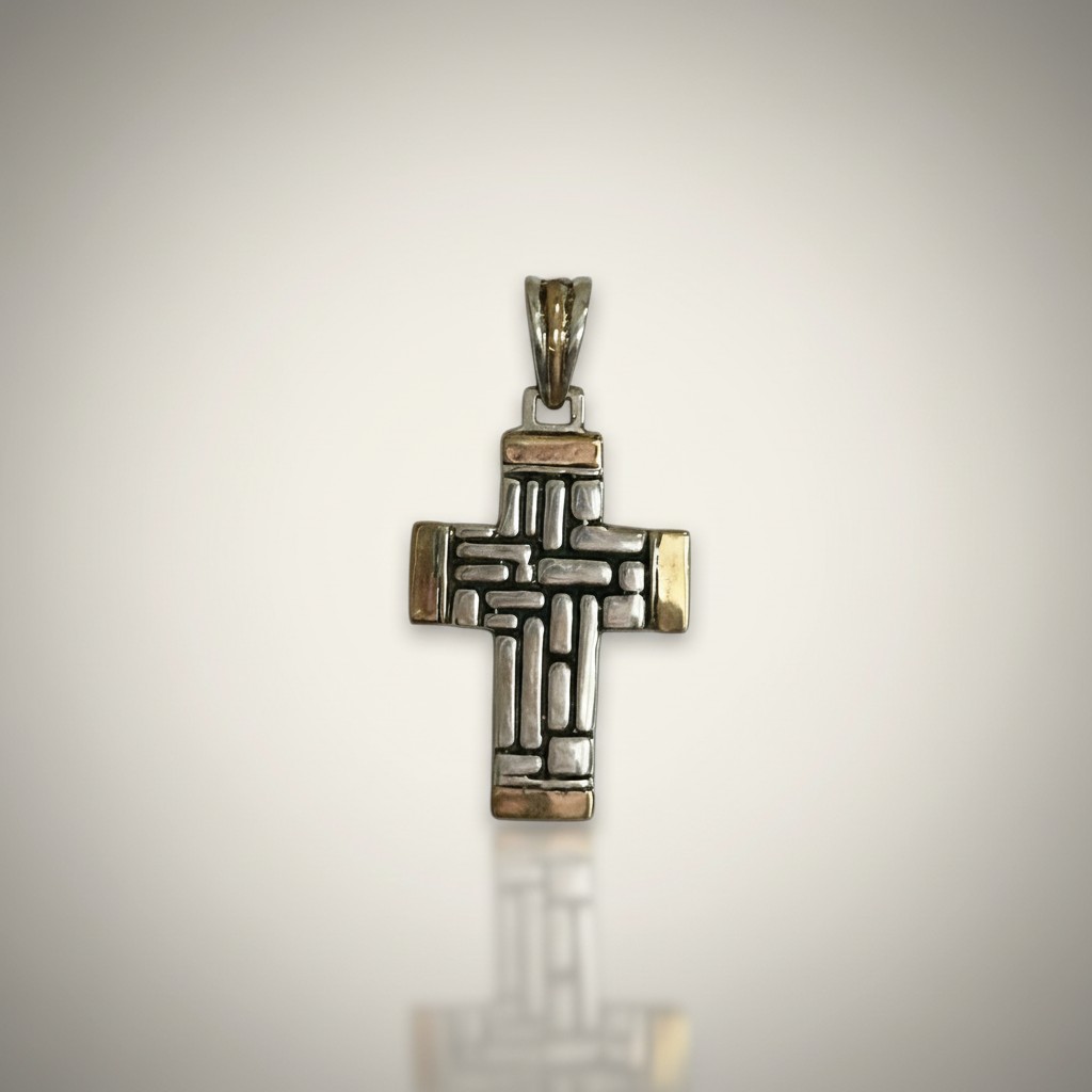 Textured sterling silver cross pendant with gold accents front view