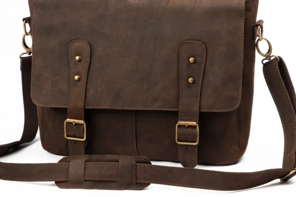 Messenger bag front view with buckle closure