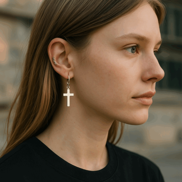 Young woman wearing sterling silver cross dangle earrings with a subtle smile