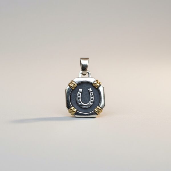 Sterling silver horseshoe pendant with gold accents close-up