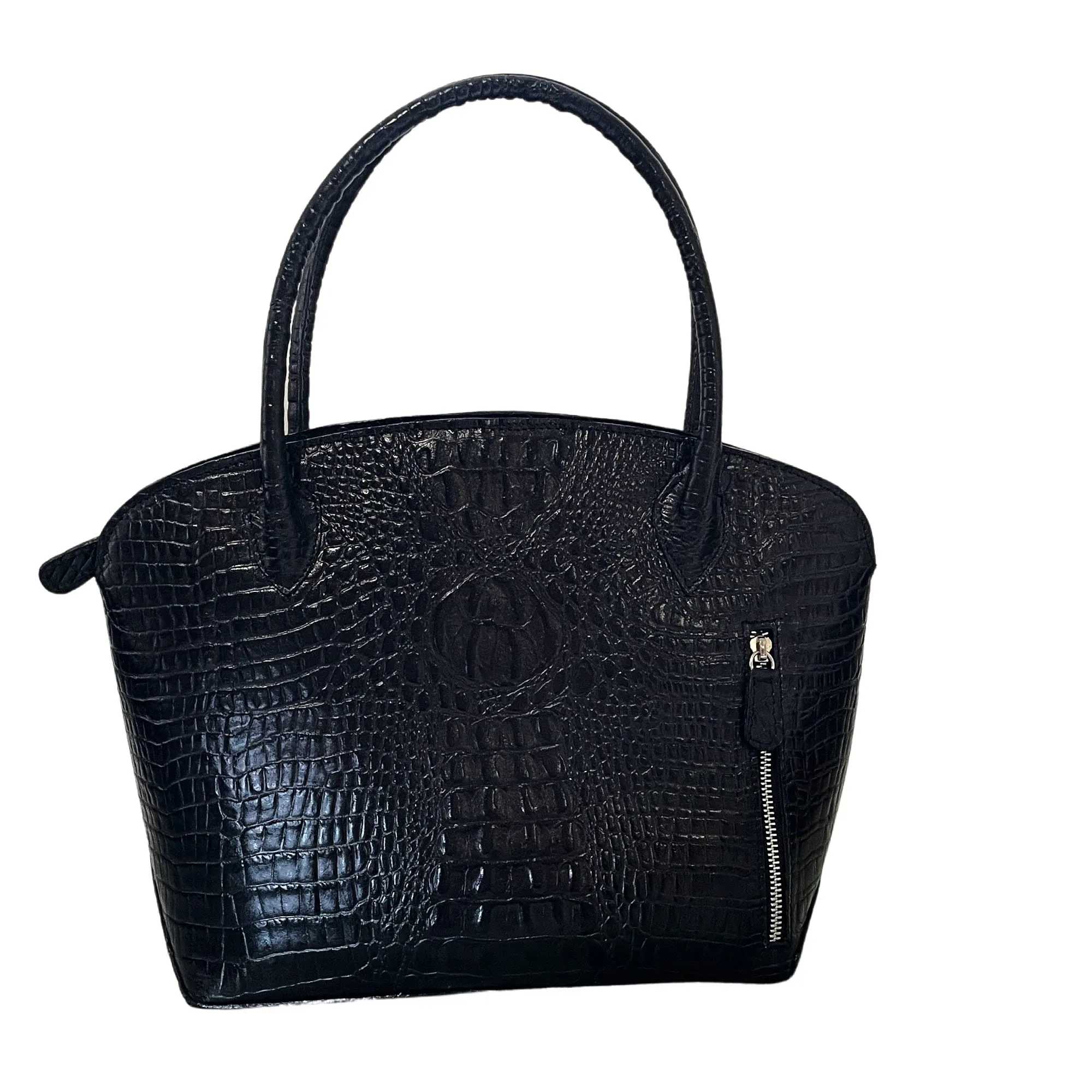 Authentic Black Argentine Cowhide Leather Shoulder Bag with Embossed Crocodile Pattern - Image 5