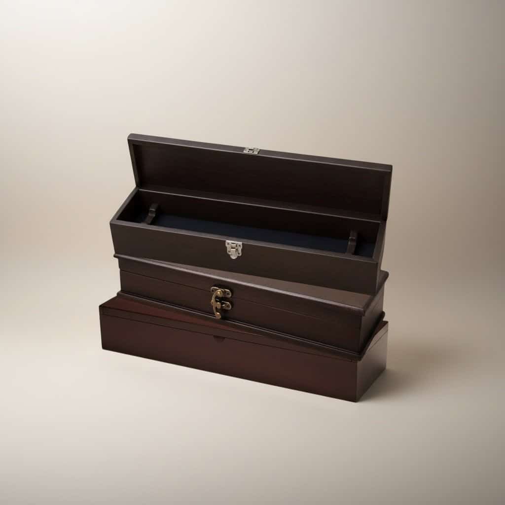 Three wooden knife presentation boxes stacked showing chrome clasp, antique brass clasp, and no clasp designs