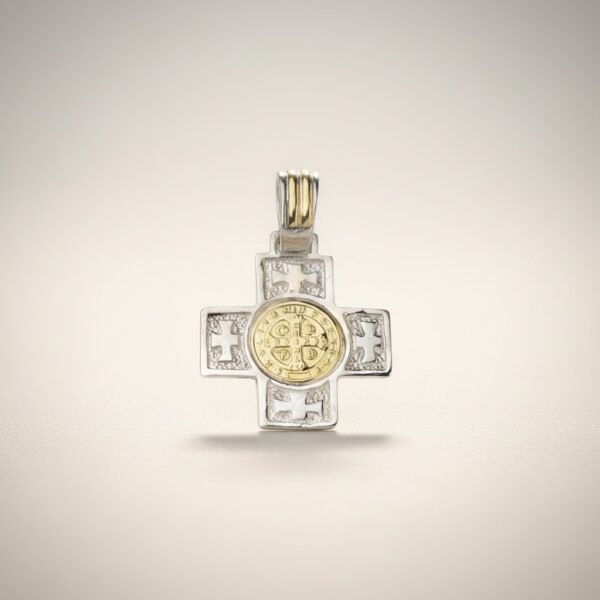 Saint Benedict cross pendant silver gold front close-up