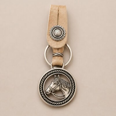 Handmade Argentine keyring featuring an Alpaca silver horse head medallion and genuine rawhide leather.