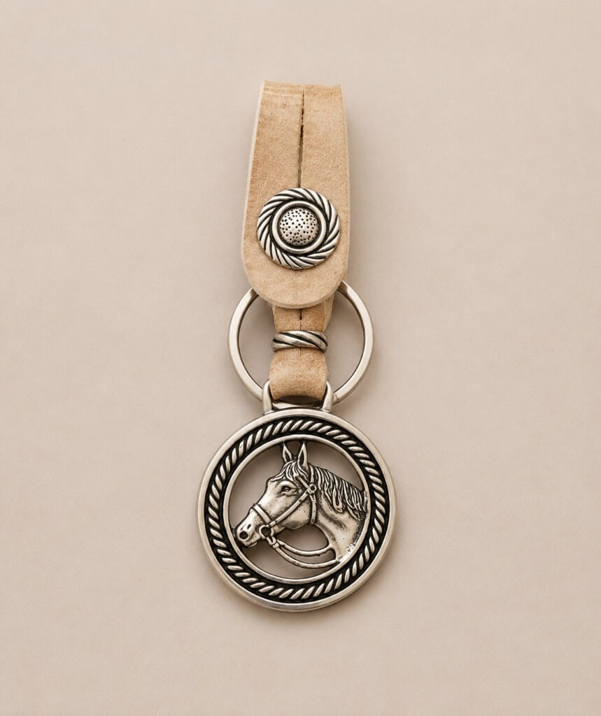 Handmade Argentine keyring featuring an Alpaca silver horse head medallion and genuine rawhide leather.