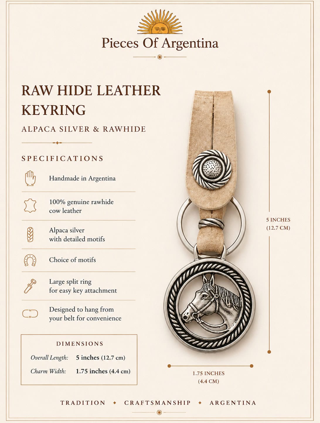 Specifications card for a handmade Argentine keyring featuring an openwork Alpaca silver horse head medallion and genuine rawhide leather.