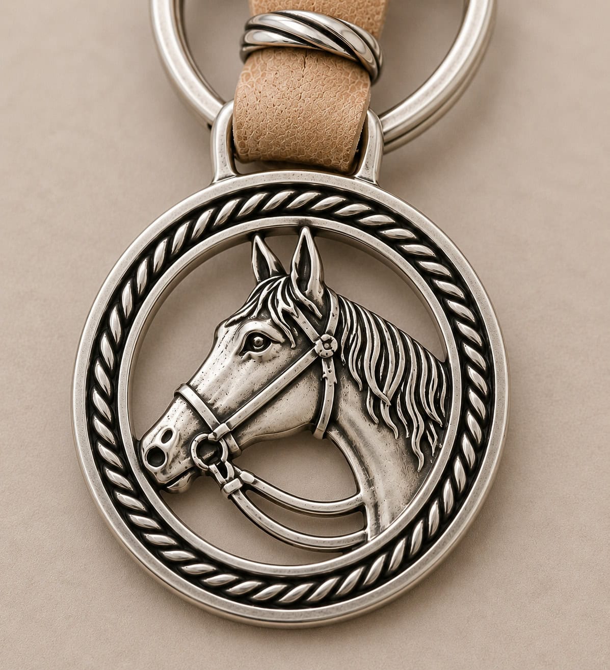 Close-up of an openwork Alpaca silver horse head medallion on a handmade Argentine keyring.