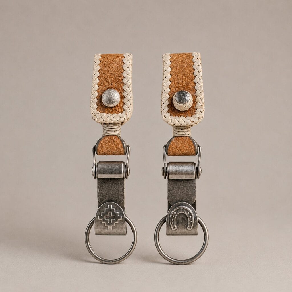 Argentine capybara leather keychain with horseshoe motif and hand-braided rawhide detail