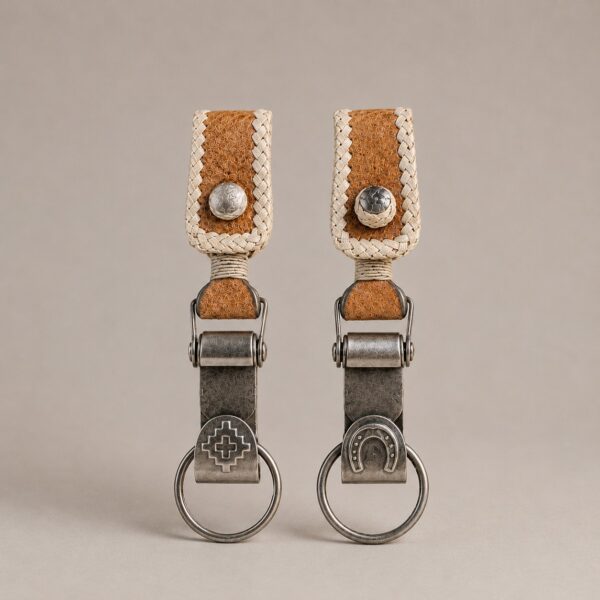 Argentine capybara leather keychain with horseshoe motif and hand-braided rawhide detail