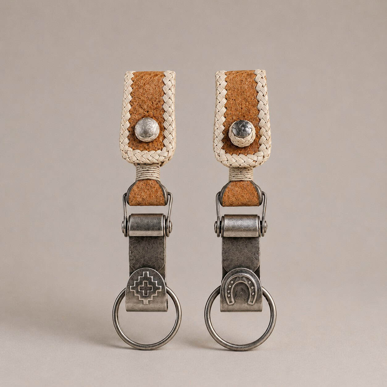 Argentine capybara leather keychain with horseshoe motif and hand-braided rawhide detail