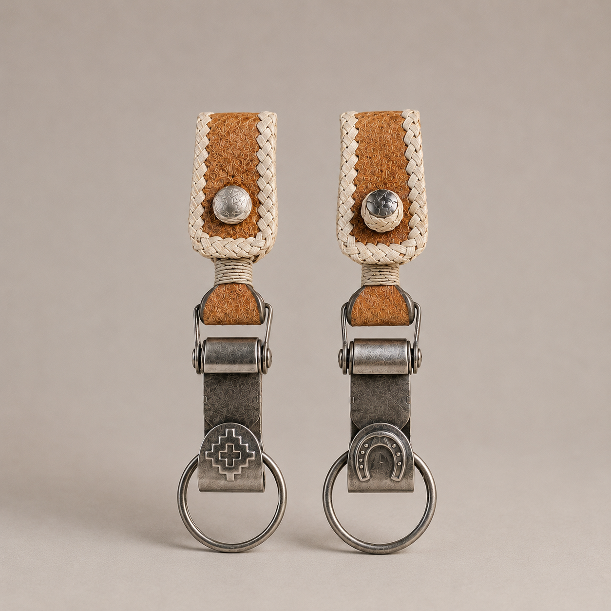 Argentine capybara leather keychain with horseshoe motif and hand-braided rawhide detail