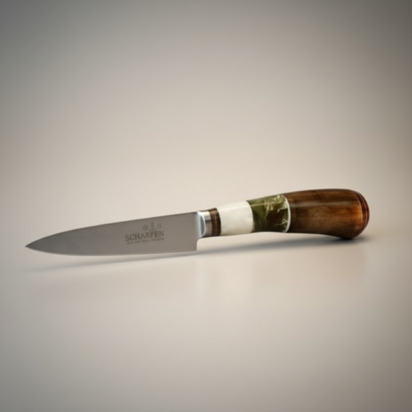 Three-quarter view of handmade Argentine gaucho knife showing marbled bone handle, hardwood scales, brass spacers, and convex steel blade