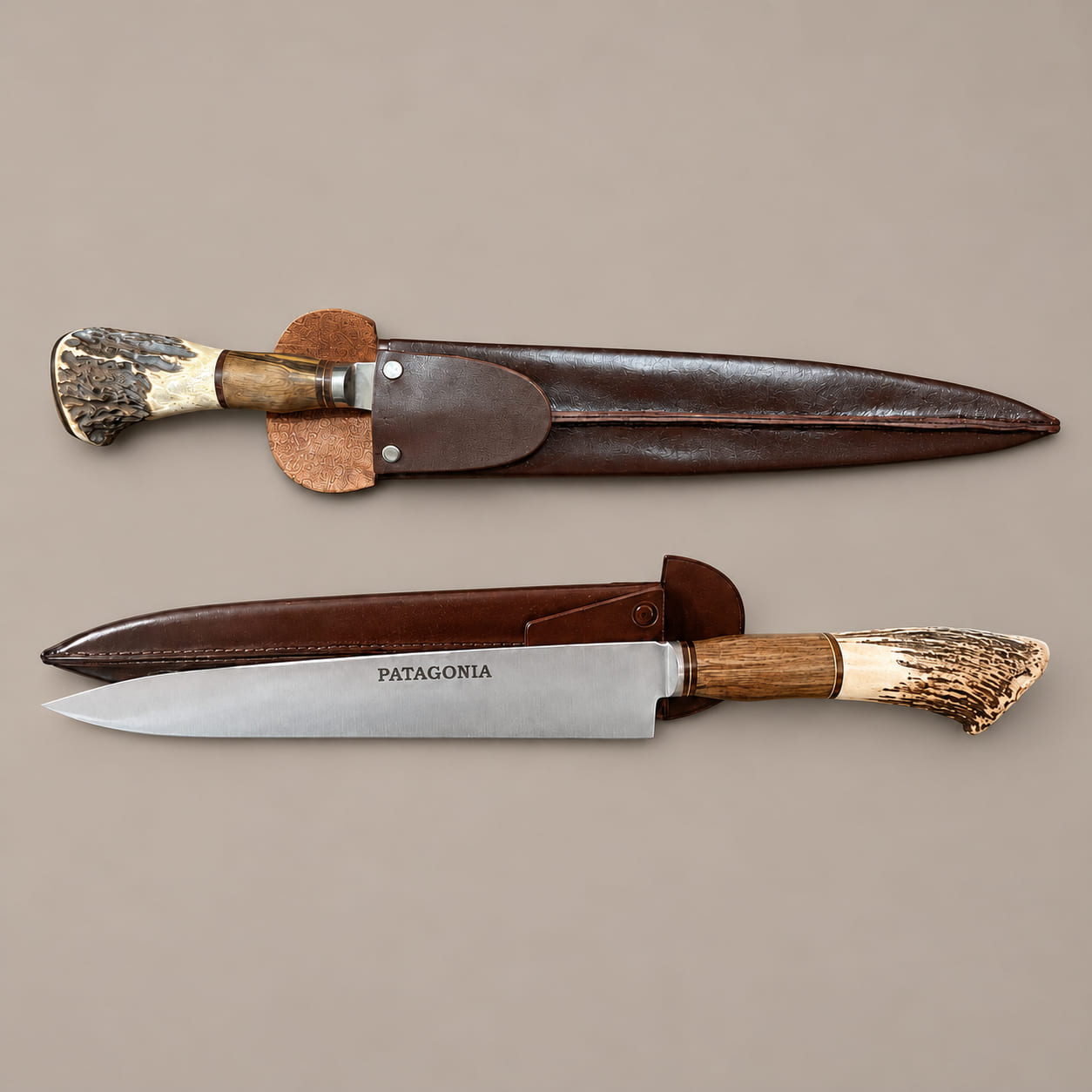 Two Argentine gaucho knife models with staghorn and hardwood handles, one sheathed above and one with its PATAGONIA-marked blade exposed below.
