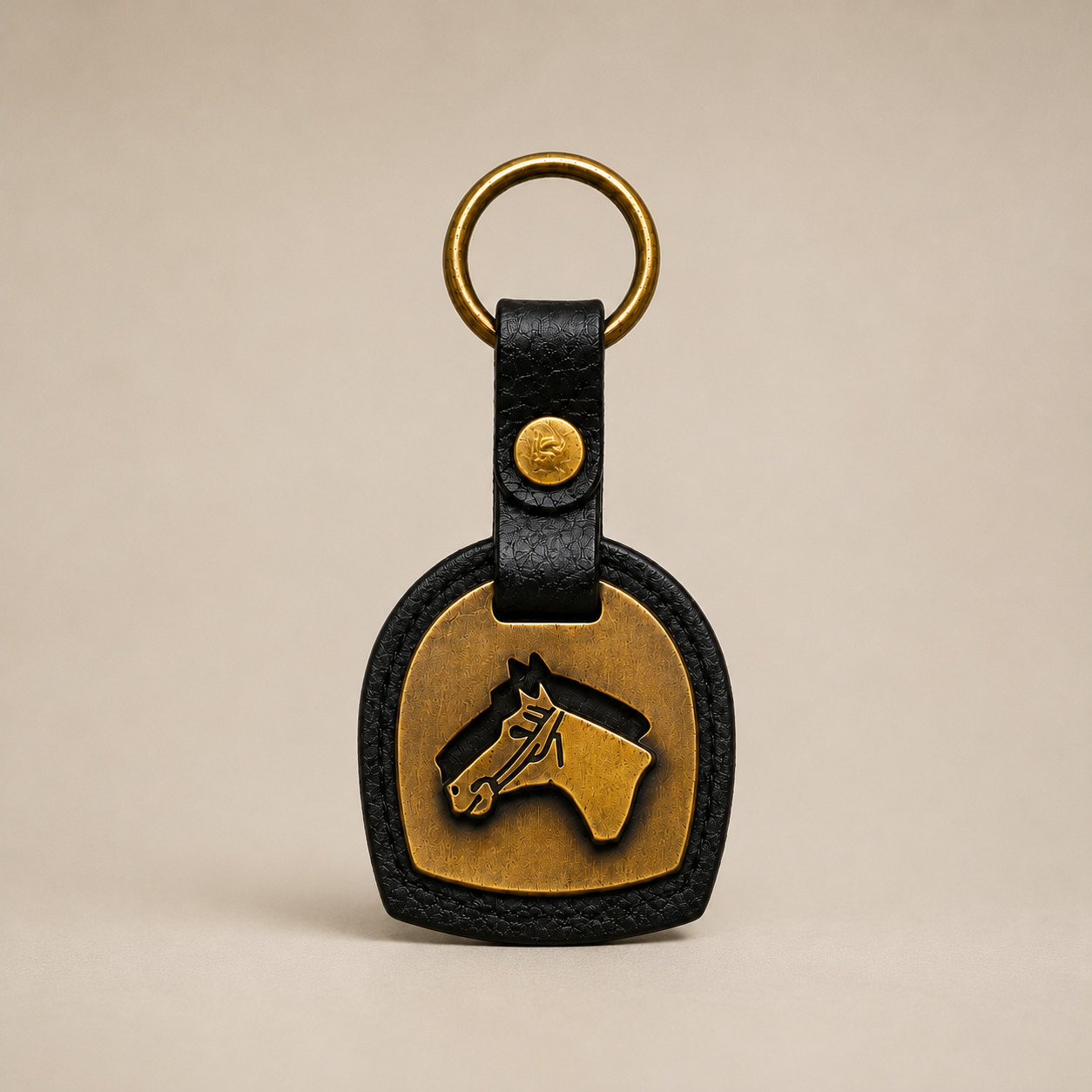 Handmade black leather horse head keychain in a dome silhouette featuring a solid brass horse motif and timeless equestrian design.