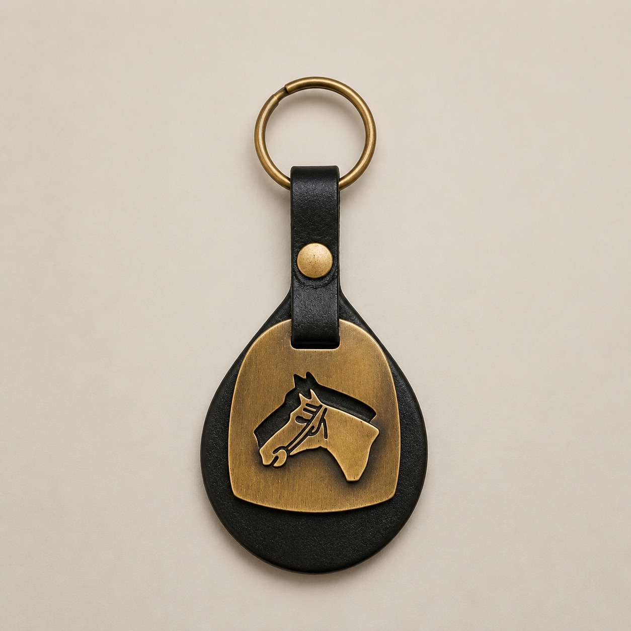 Handmade black leather horse head keychain featuring a round silhouette and solid brass horse motif inspired by Argentine equestrian heritage.