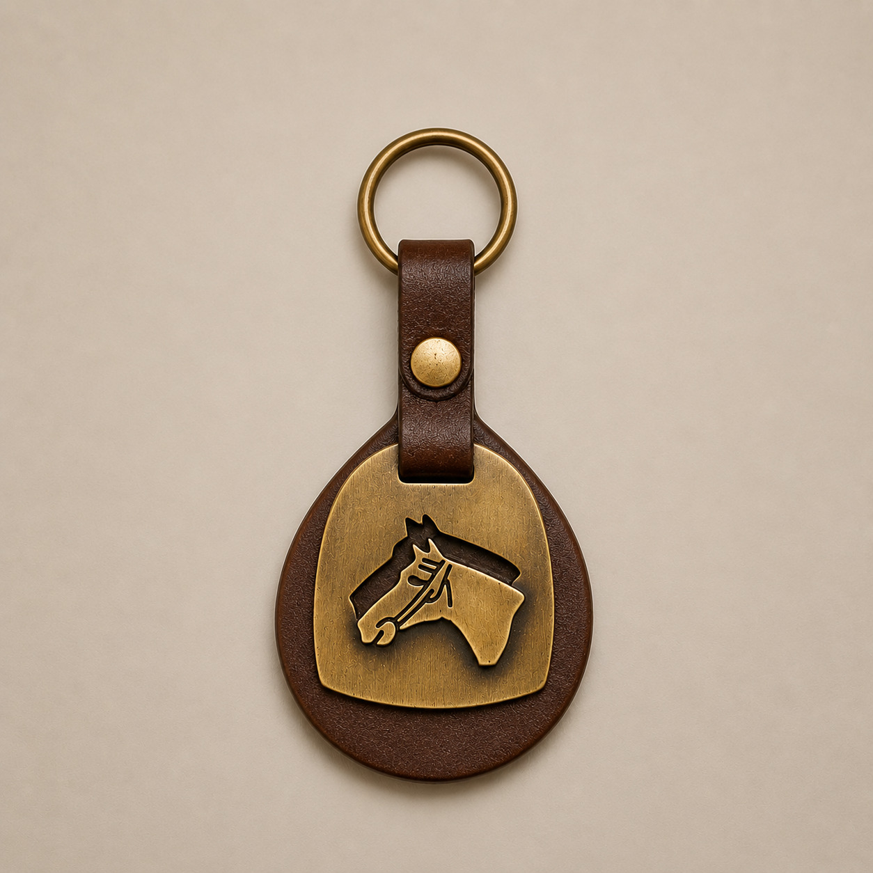 Handmade dark brown leather horse head keychain featuring a round silhouette and solid brass horse motif inspired by Argentine equestrian heritage.