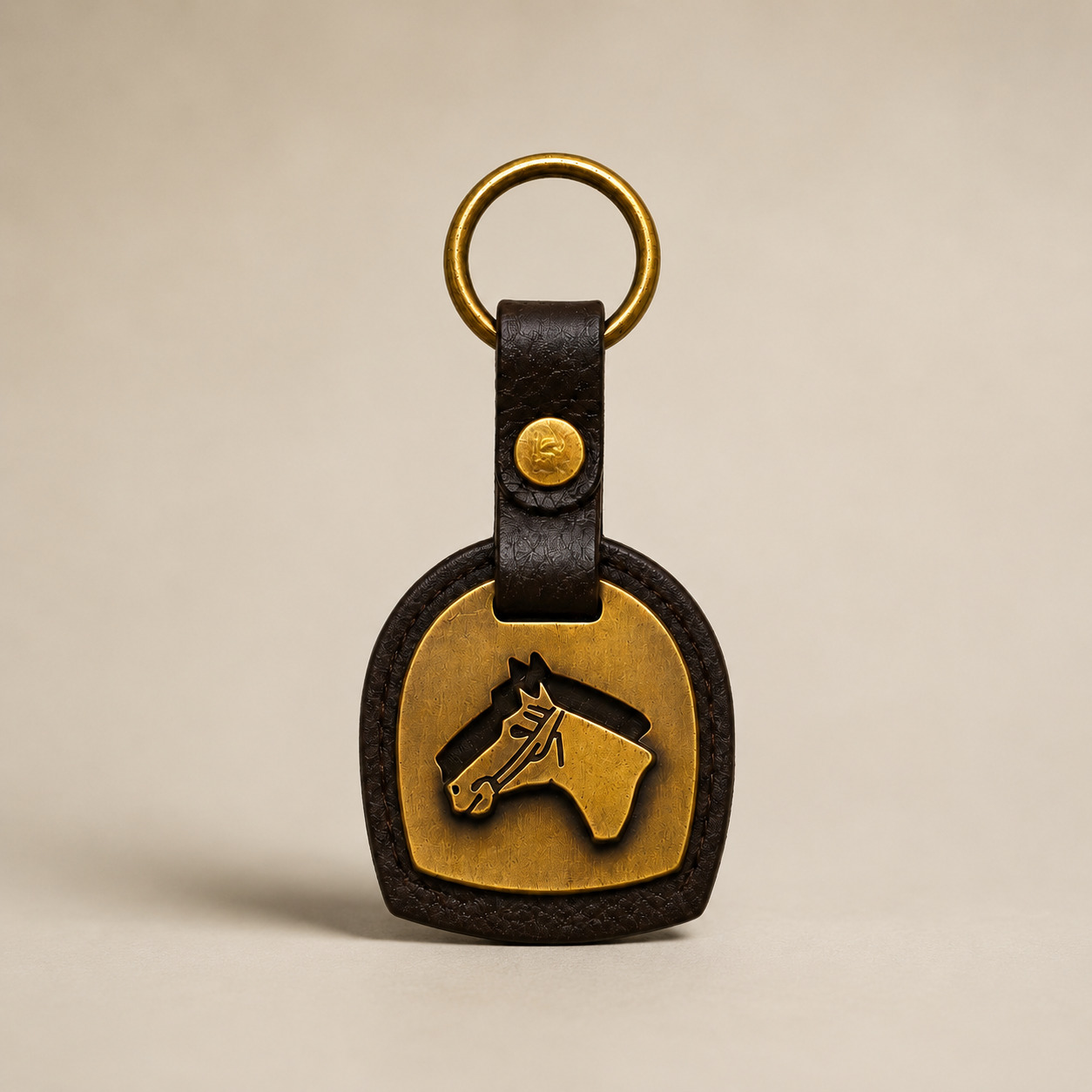 Handmade round dark brown leather horse head keychain with a solid brass horse motif and timeless equestrian design.
