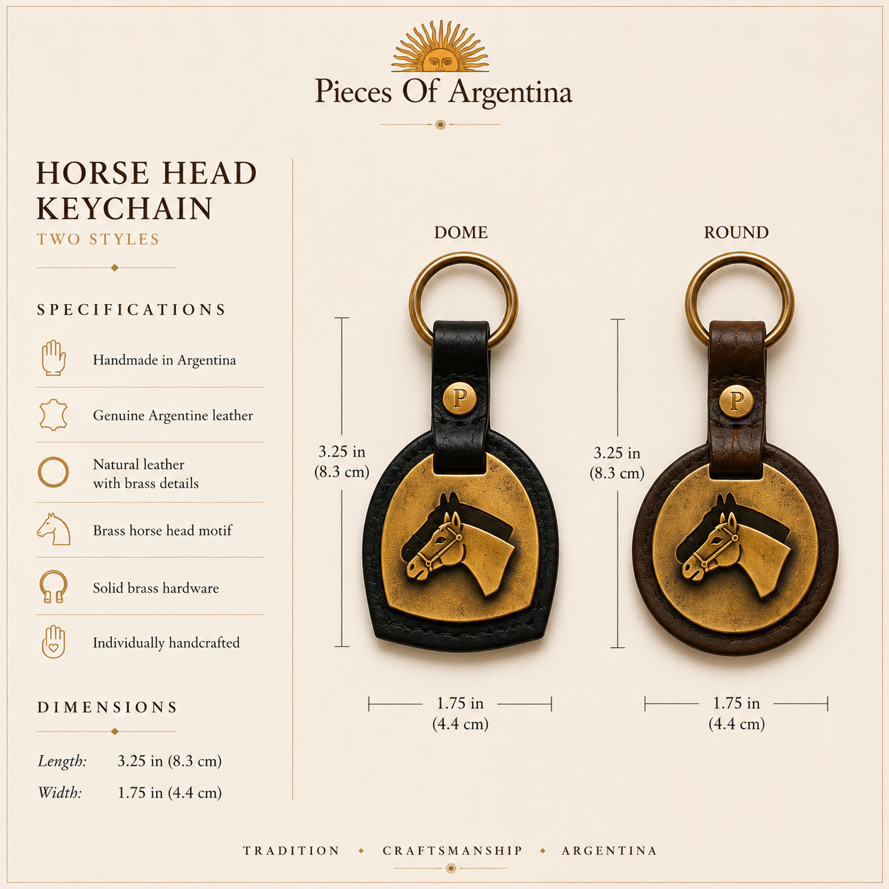 Specification sheet showing the dome and round versions of a handmade Argentine leather horse head keychain in black and dark brown leather with dimensions and material details.