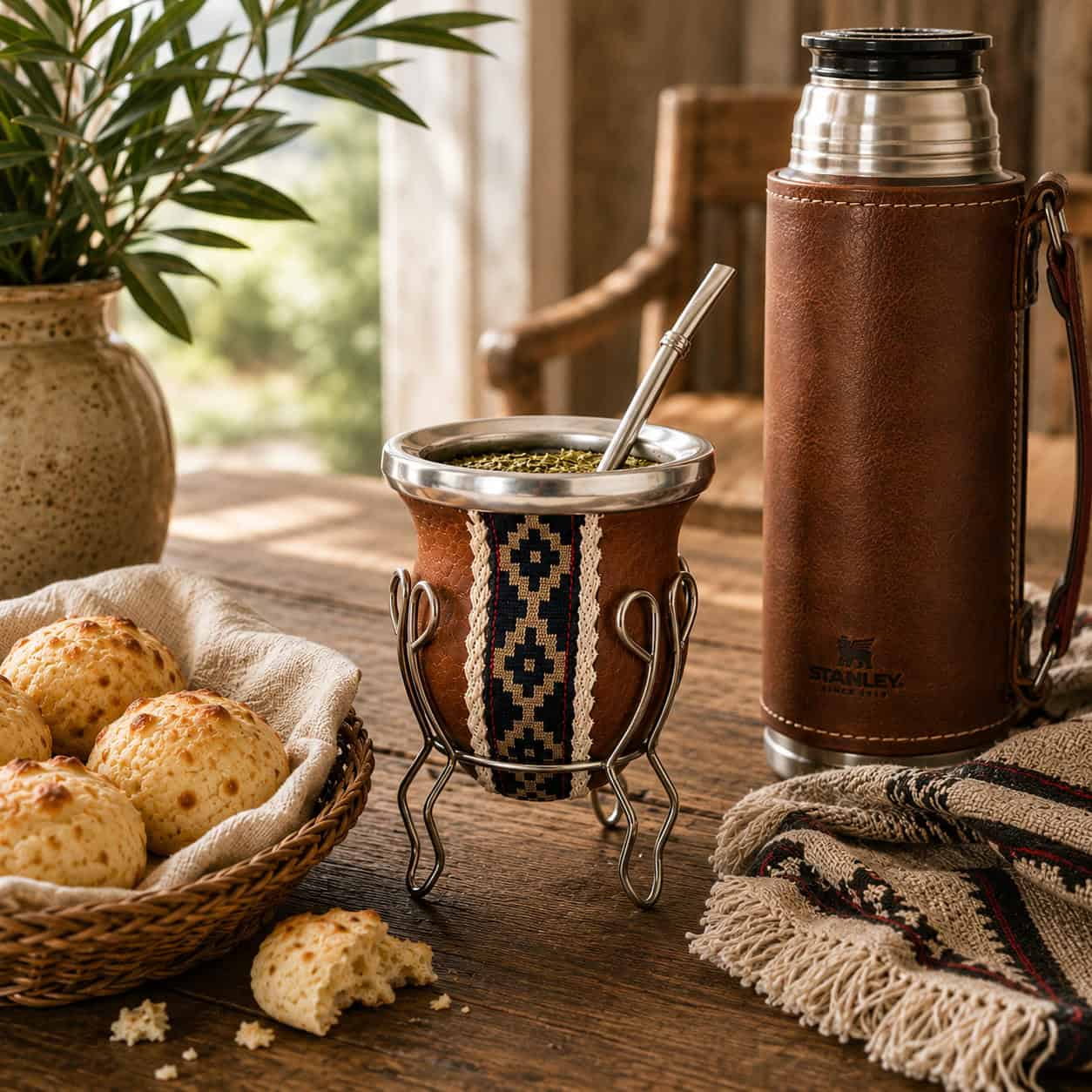 Handcrafted Argentine mate gourd in genuine leather with an alpaca silver rim, paired with a leather-wrapped thermos and freshly baked chipás on a rustic wooden table.