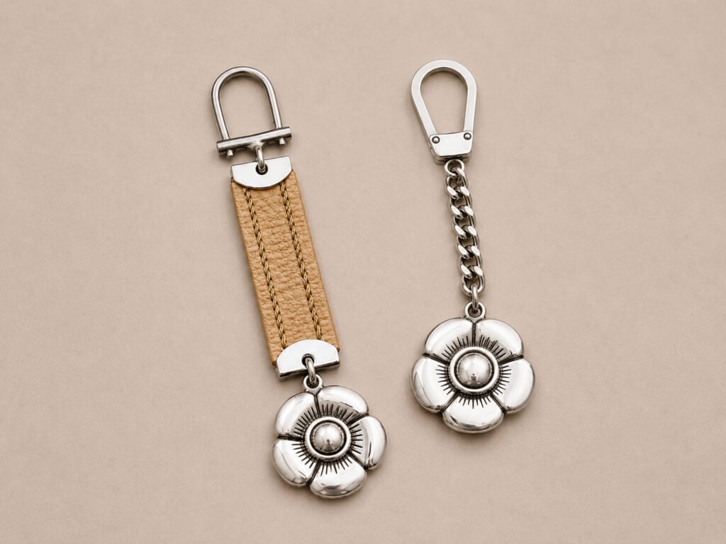 Two handmade Argentine Pansy Blossom Keychains featuring identical sterling silver-plated alpaca flower motifs, shown in chain and natural raw leather styles.