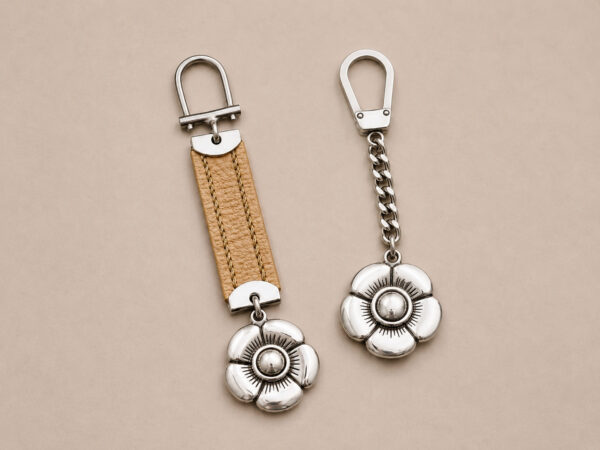 Two handmade Argentine Pansy Blossom Keychains featuring identical sterling silver-plated alpaca flower motifs, shown in chain and natural raw leather styles.