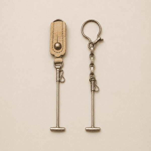 Two handmade Argentine polo mallet keychains featuring rawhide leather and metal variations inspired by traditional polo craftsmanship