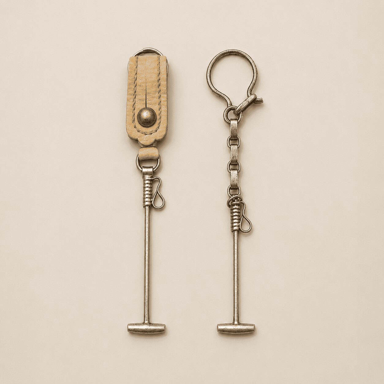 Two handmade Argentine polo mallet keychains featuring rawhide leather and metal variations inspired by traditional polo craftsmanship