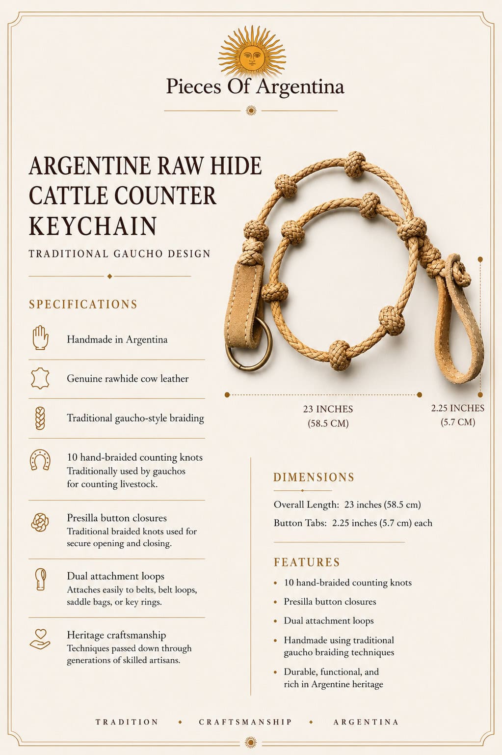 Specifications card of a handmade Argentine rawhide cattle counter keychain featuring traditional gaucho braiding, counting knots, rawhide leather construction, and artisan craftsmanship.