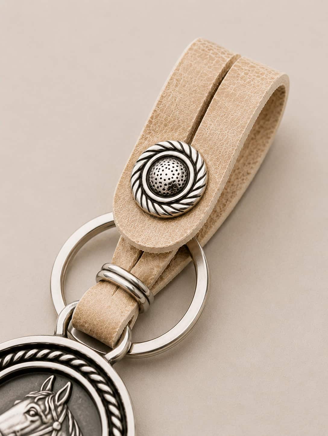 Close-up of the genuine rawhide leather loop and Alpaca silver detail on a handmade Argentine horse head keyring.