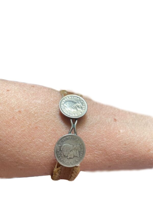 Handmade and Unisex Rawhide Leather Bracelet with Alpaca Silver Double 'Centavo' Coin Clasp