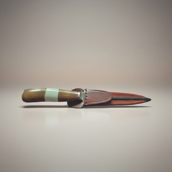 Handmade gaucho knife with chocolate brown leather sheath and walnut bone handle