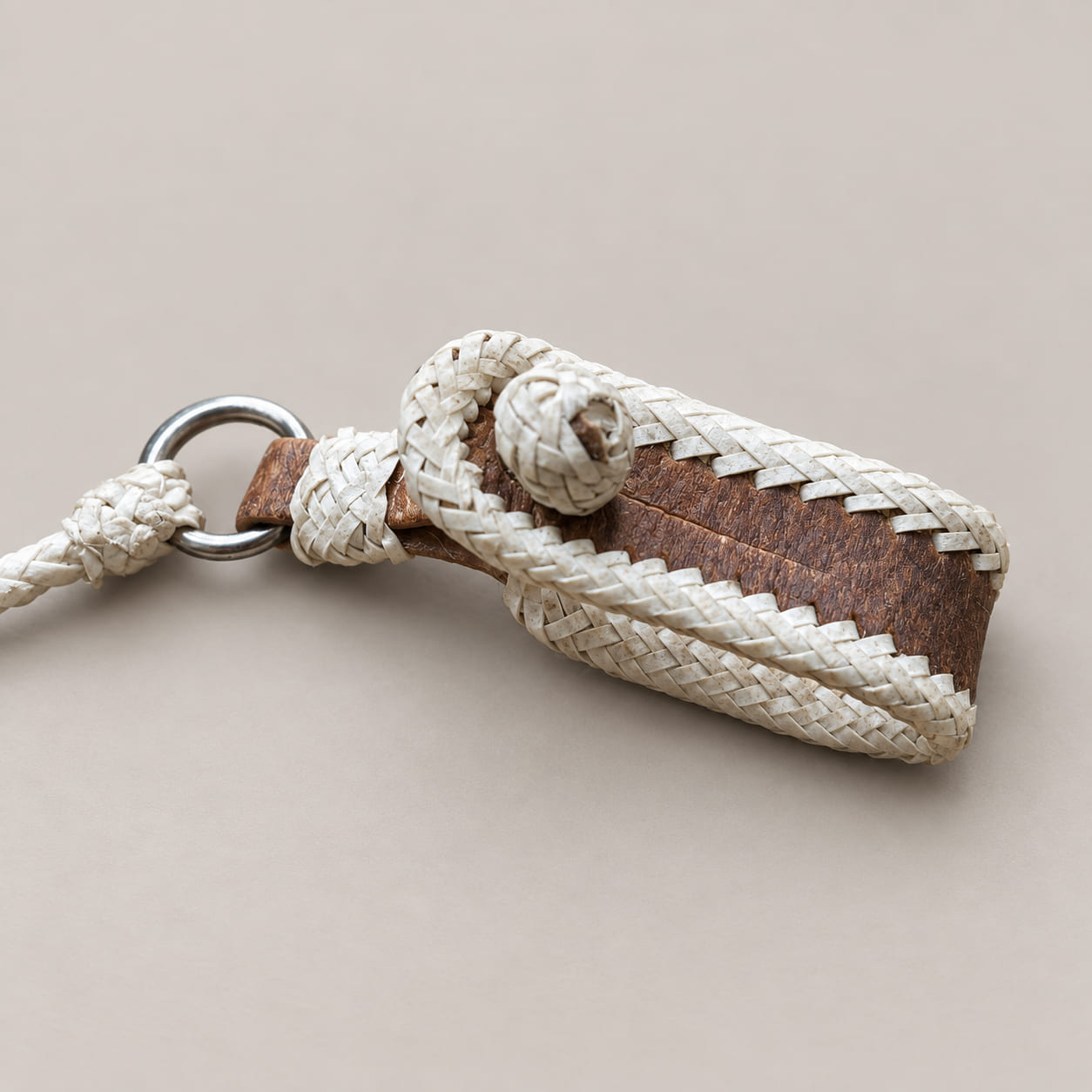 Braided rawhide button closure and metal ring on an Argentine horse halter