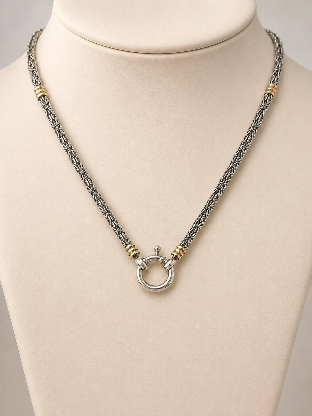 Byzantine sterling silver chain with genuine Dublee gold accents and front spring ring clasp.