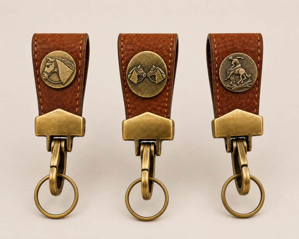 Studio product photograph showing the three handcrafted Capybara Hide Belt Key Holder designs with Horse Head, Double Horse Head and Bronco Rider brass motifs.