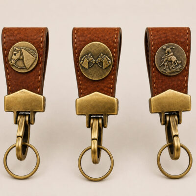 Studio product photograph showing the three handcrafted Capybara Hide Belt Key Holder designs with Horse Head, Double Horse Head and Bronco Rider brass motifs.