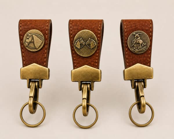 Studio product photograph showing the three handcrafted Capybara Hide Belt Key Holder designs with Horse Head, Double Horse Head and Bronco Rider brass motifs.