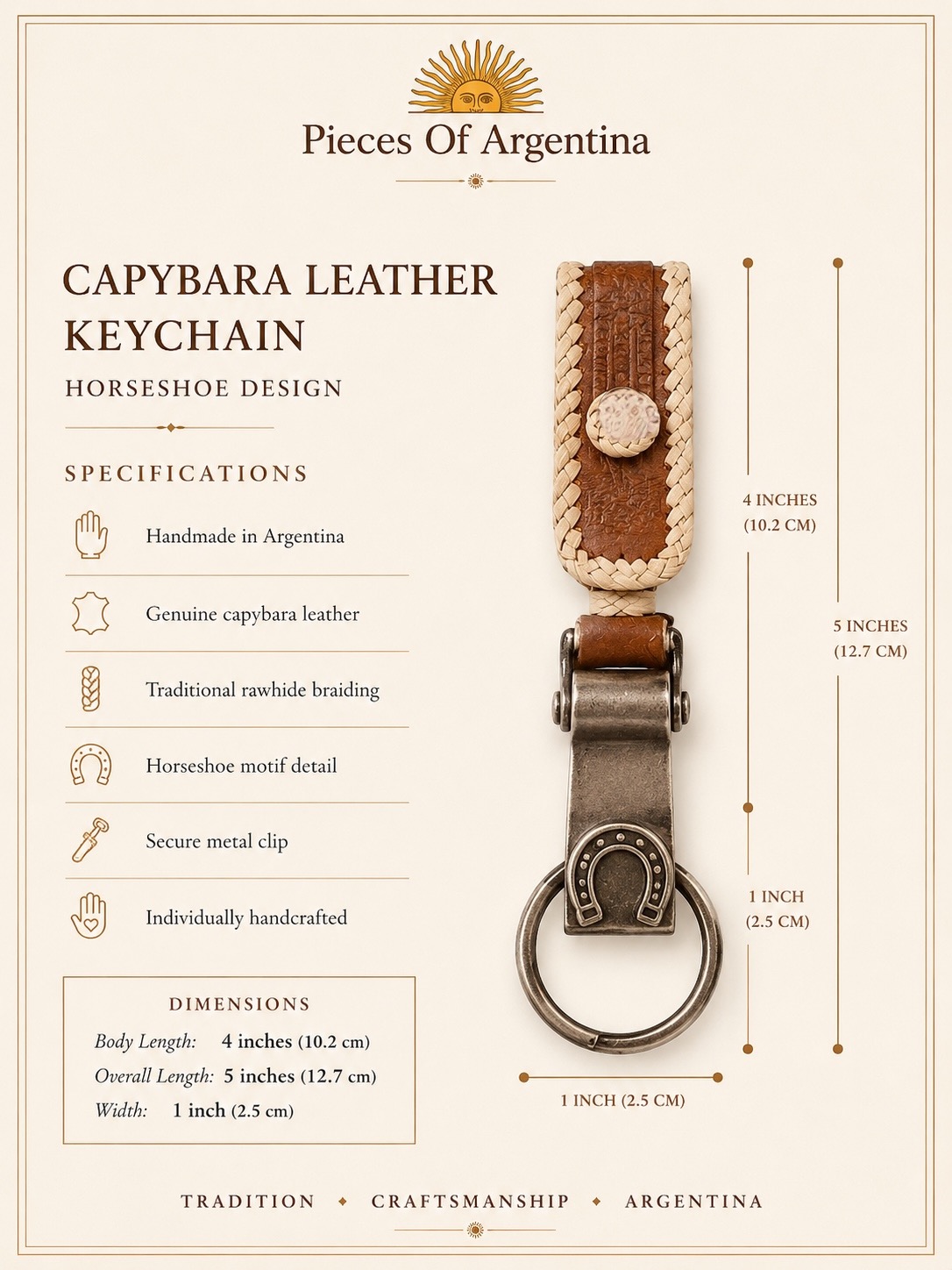 Capybara leather keychain with horseshoe design showing dimensions, rawhide braiding, and handcrafted Argentine craftsmanship specifications