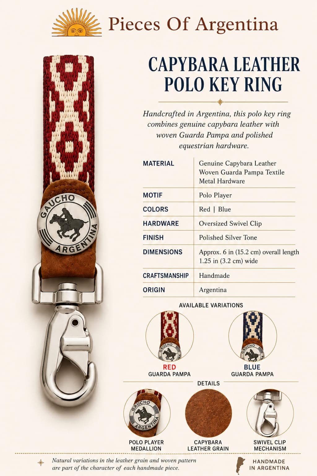 Specification card showing a handmade capybara leather polo key ring with woven Guarda Pampa, polished swivel clip, available red and blue variations, and craftsmanship details.