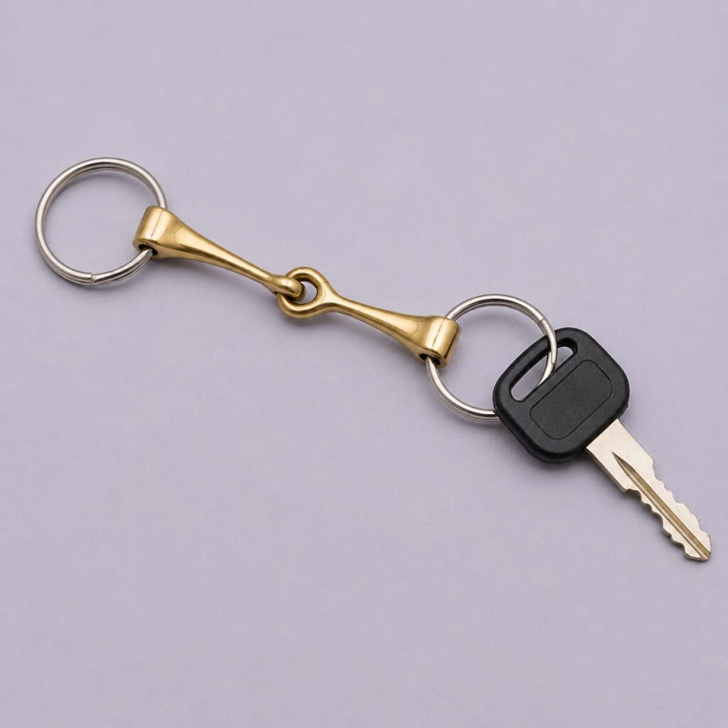 Solid brass snaffle bit keychain holding keys on both split rings.