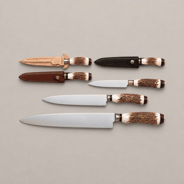 Argentine staghorn gaucho knives with 14, 20 and 30 cm blades and leather sheath options