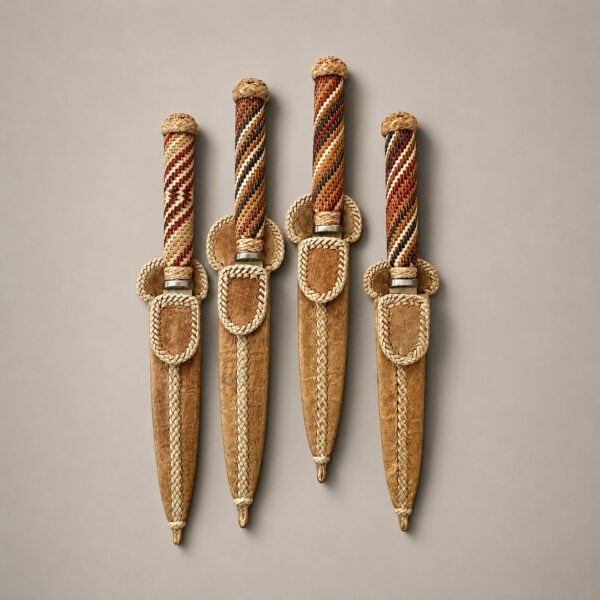 Four Argentine gaucho knives with hand-braided rawhide handles and matching leather sheaths