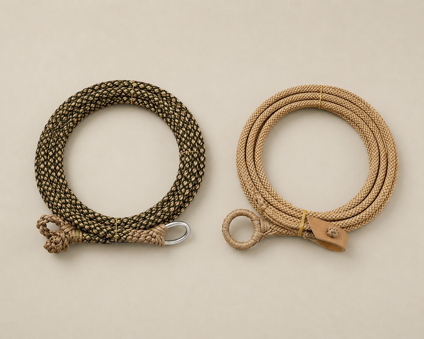 Handmade Argentine rawhide lasso crafted using traditional soguería criolla techniques, available in 6-strand and 8-strand braiding with stainless steel ring options.