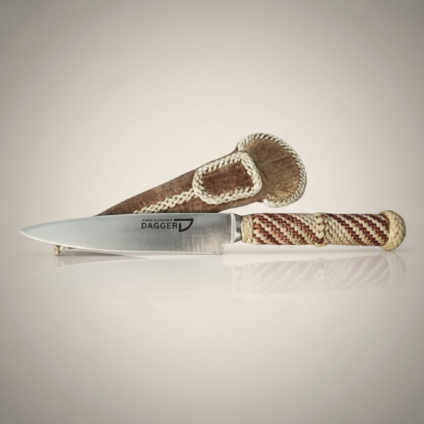 Handmade Argentine gaucho knife with hand-braided rawhide handle and rawhide leather sheath