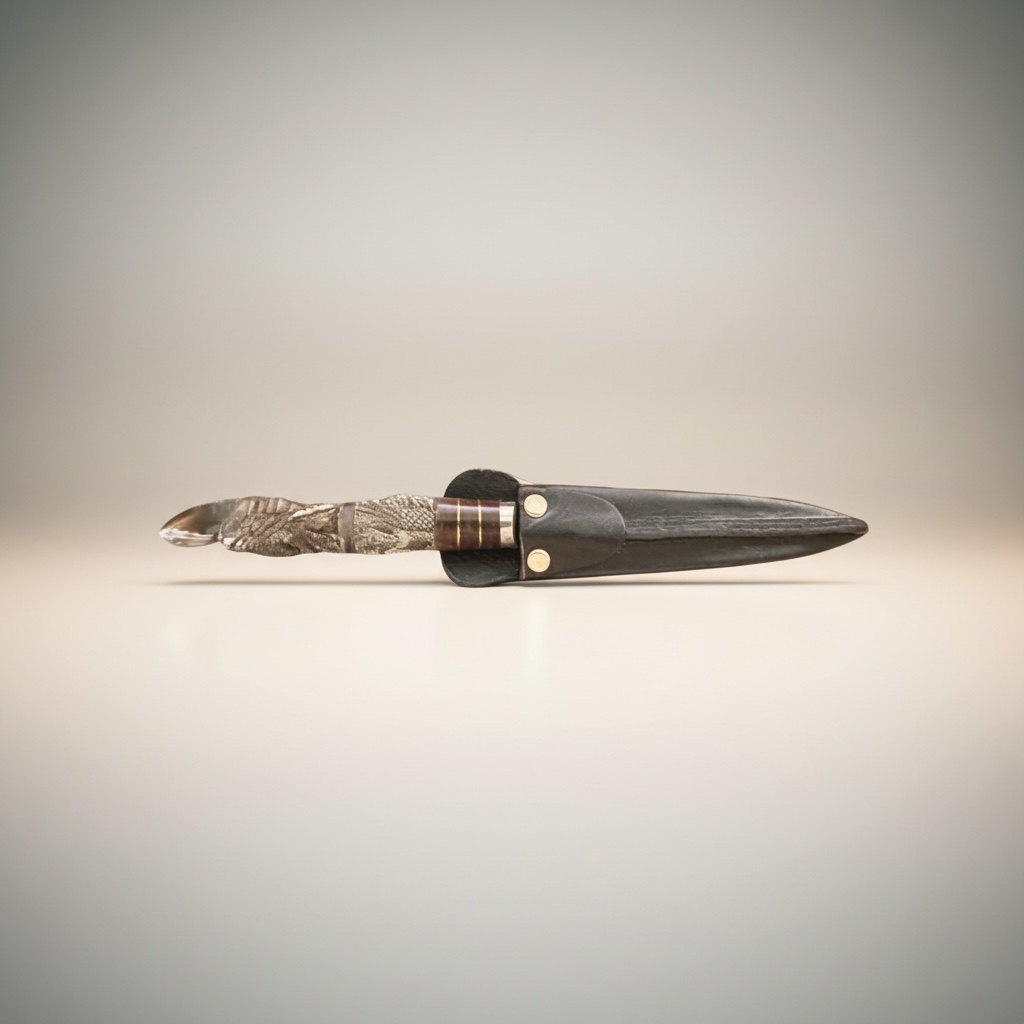 Handmade Argentine gaucho knife with rhea toe handle and chocolate brown leather sheath
