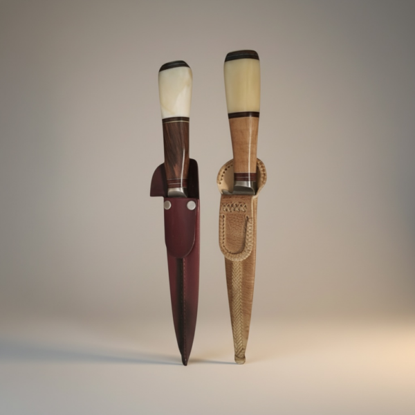 Two handmade gaucho knives with walnut and bone handles beside rawhide and brown leather sheaths