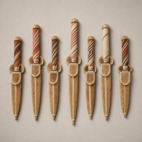 Seven Argentine gaucho knives with handwoven rawhide handles and leather sheaths, shown in 12 cm and 20 cm blade sizes.
