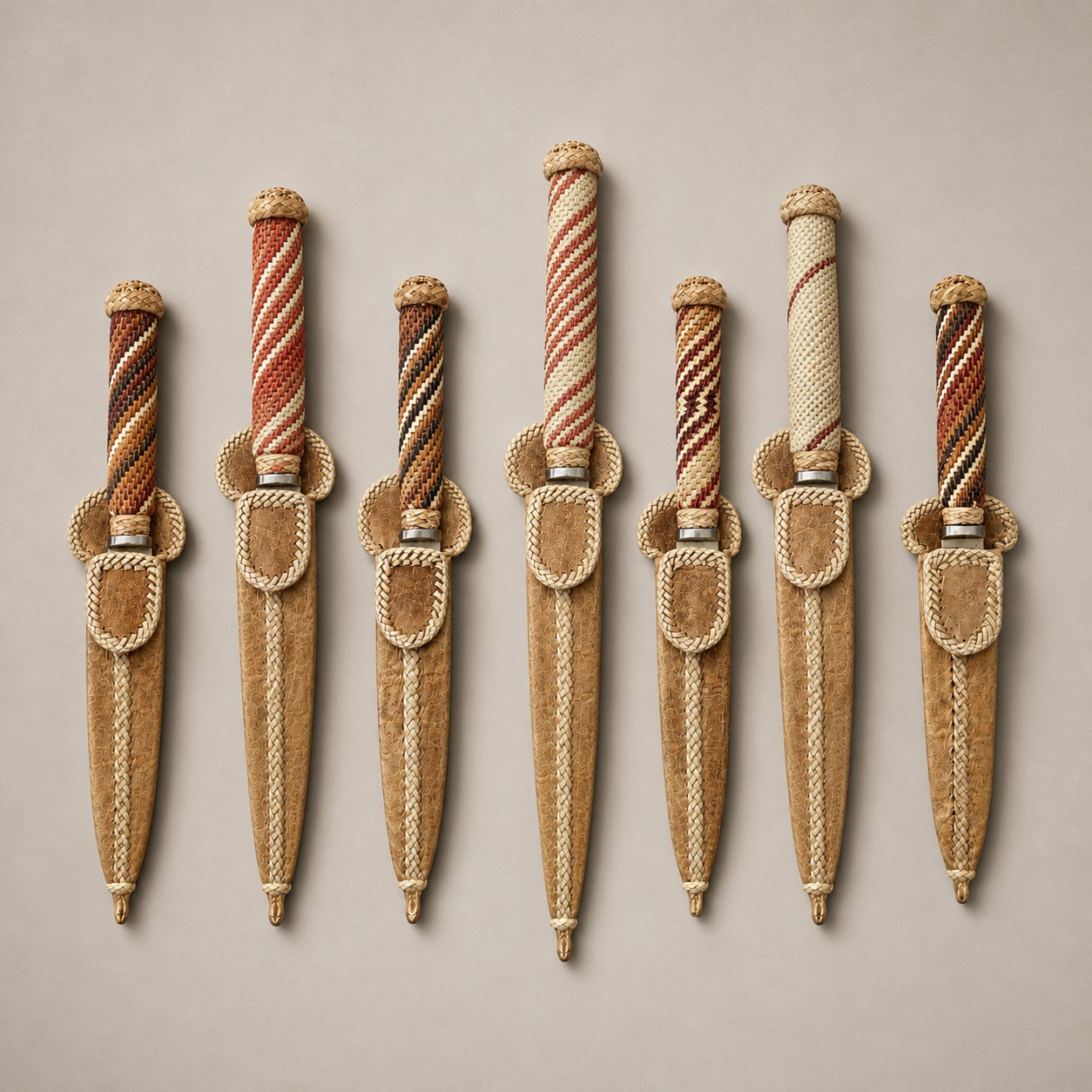 Seven Argentine gaucho knives with handwoven rawhide handles and leather sheaths, shown in 12 cm and 20 cm blade sizes.