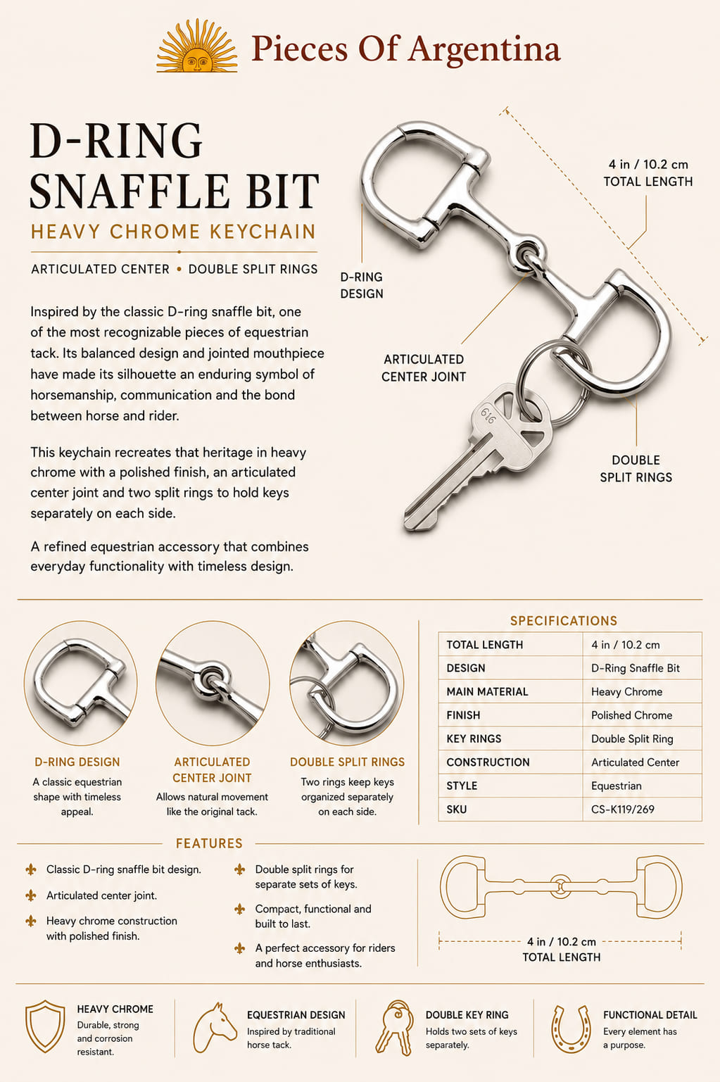 Official specification sheet for the Heavy Chrome D-Ring Snaffle Keychain showing dimensions, materials and construction.
