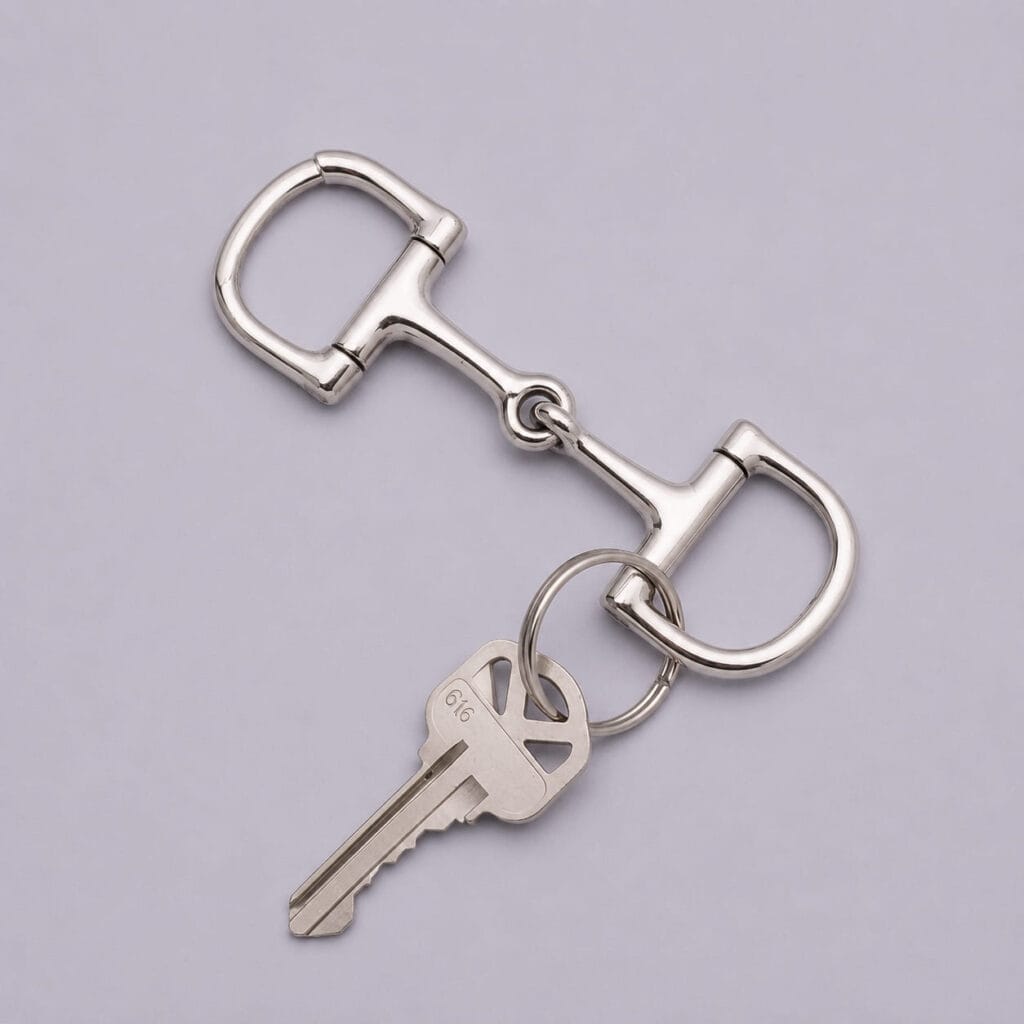 Heavy chrome D-ring snaffle bit keychain holding a key on one split ring.